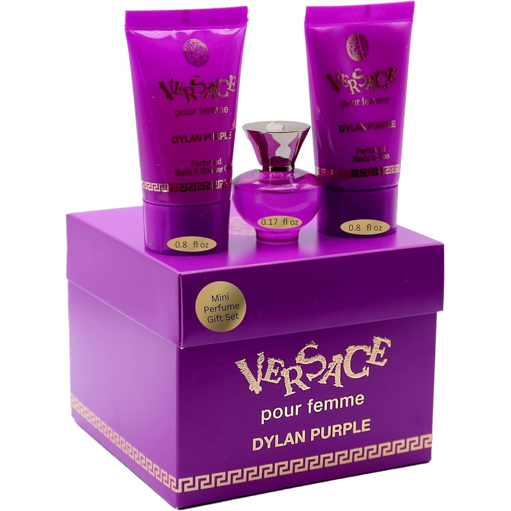 Versace Dylan Purple three piece miniature gift set front view showcase