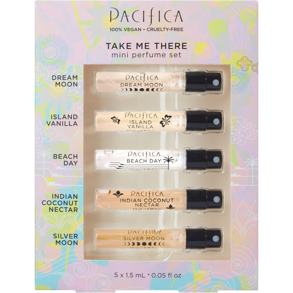Pacifica Beauty Take Me There Spray Perfume Trial Set front view showing the gift box packaging.