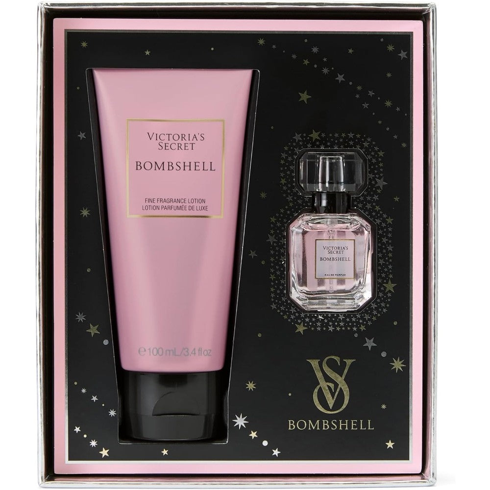 Victoria's Secret Bombshell Mini Fragrance Duo Gift Set front view showcasing the pink and black packaging