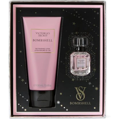 Victoria's Secret Bombshell Mini Fragrance Duo Gift Set front view showcasing the pink and black packaging