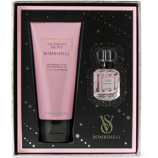 Victoria's Secret Bombshell Mini Fragrance Duo Gift Set front view showcasing the pink and black packaging