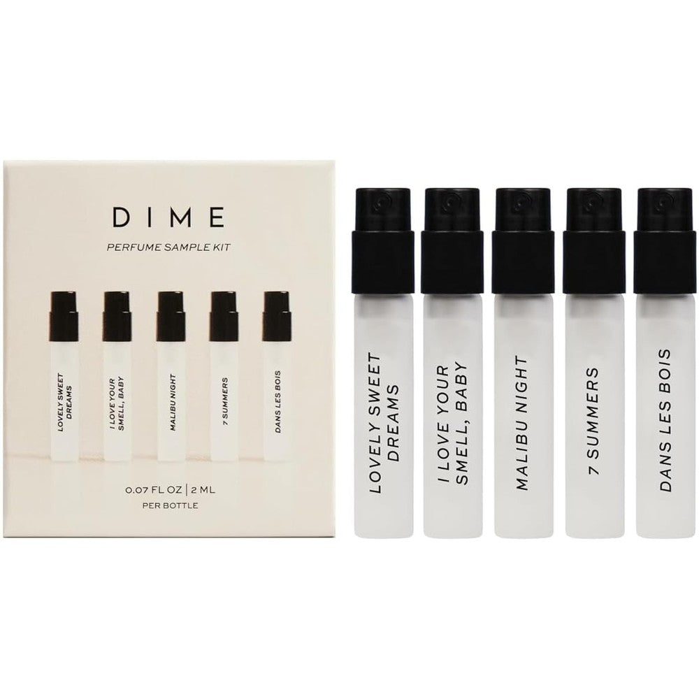 Dime Beauty perfume sampler set front view with five mini bottles