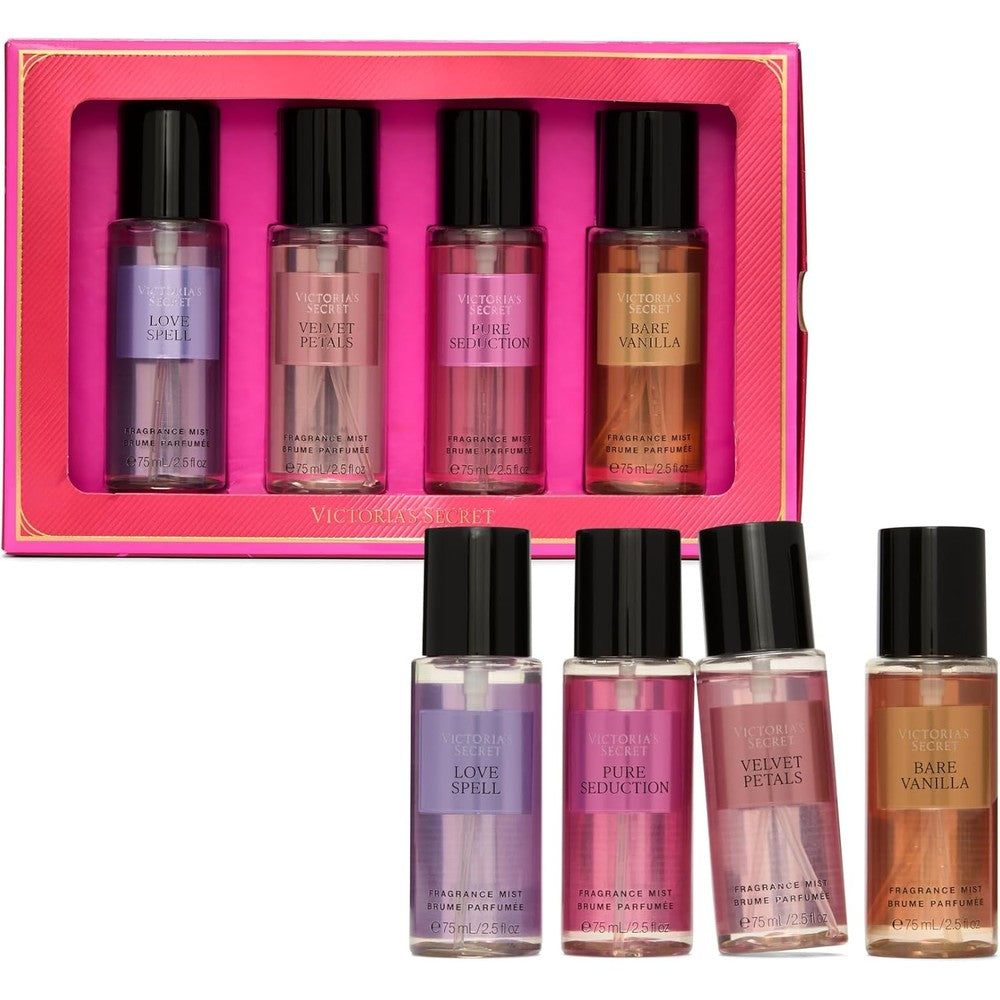 Victoria's Secret Fragrance Mist Collection 4 Piece Mini Mist Gift Set front view in pink branded packaging
