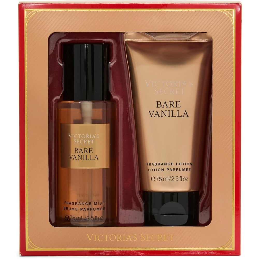 Victoria's Secret Bare Vanilla Mini Fragrance Duo Gift Set front view showing travel size mist and lotion bottles.