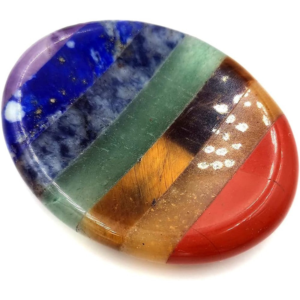SHARKOOO 7 Chakra Thumb Worry Stone front view showing colorful crystal layers.