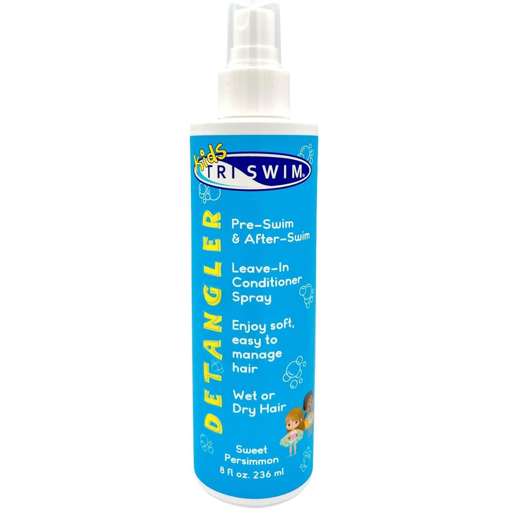 TRISWIM Kids Detangler Leave In Conditioner Spray front view of eight ounce bottle for swimmer hair protection