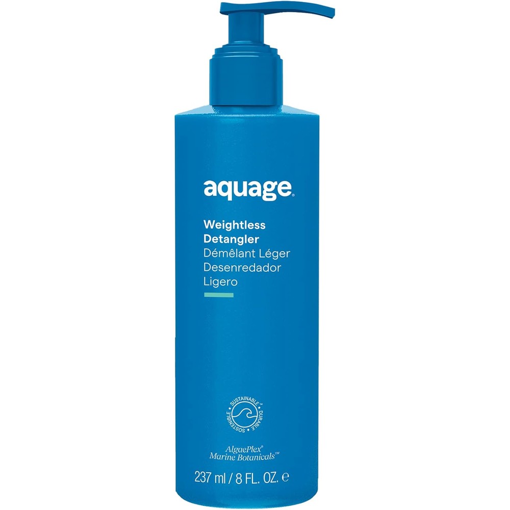 Aquage Weightless Detangler eight ounce bottle front view with blue pump dispenser