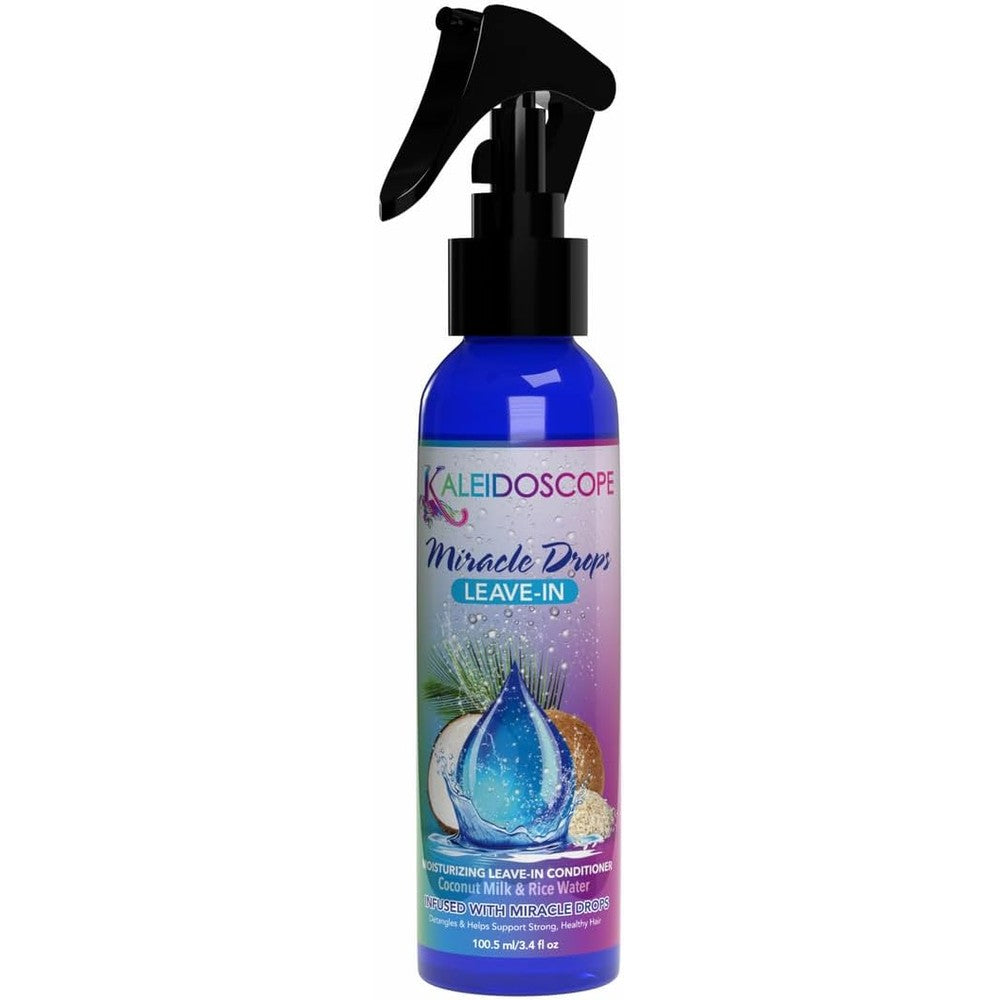 Kaleidoscope Miracle Drops Leave In Conditioner 3.4 Ounce bottle front view showing the spray nozzle and branding.