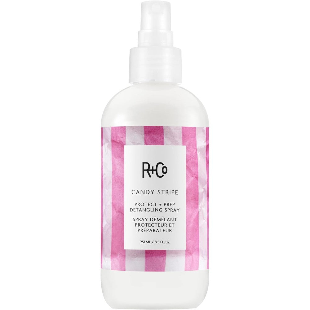 R+Co Candy Stripe Protect and Prep Detangling Spray front view bottle