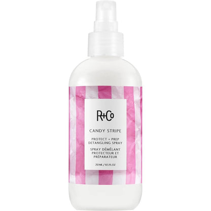 R+Co Candy Stripe Protect and Prep Detangling Spray front view bottle on white background