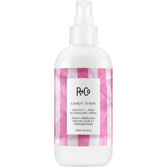 R+Co Candy Stripe Protect and Prep Detangling Spray front view bottle on white background