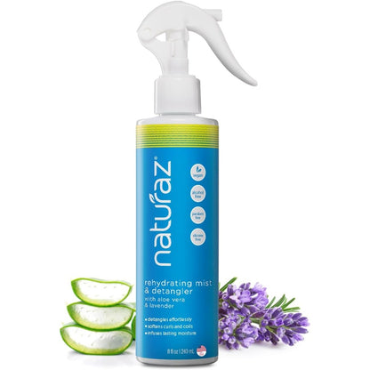 Naturaz Rehydrating Mist and Detangler front view for curly hair care.