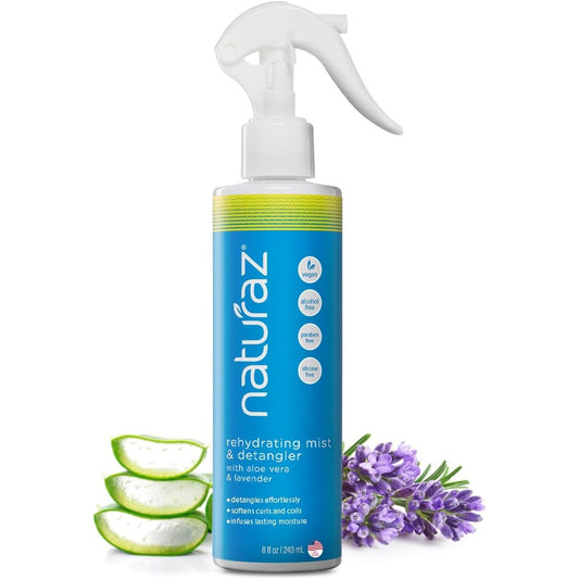 Naturaz Rehydrating Mist and Detangler front view for curly hair care.