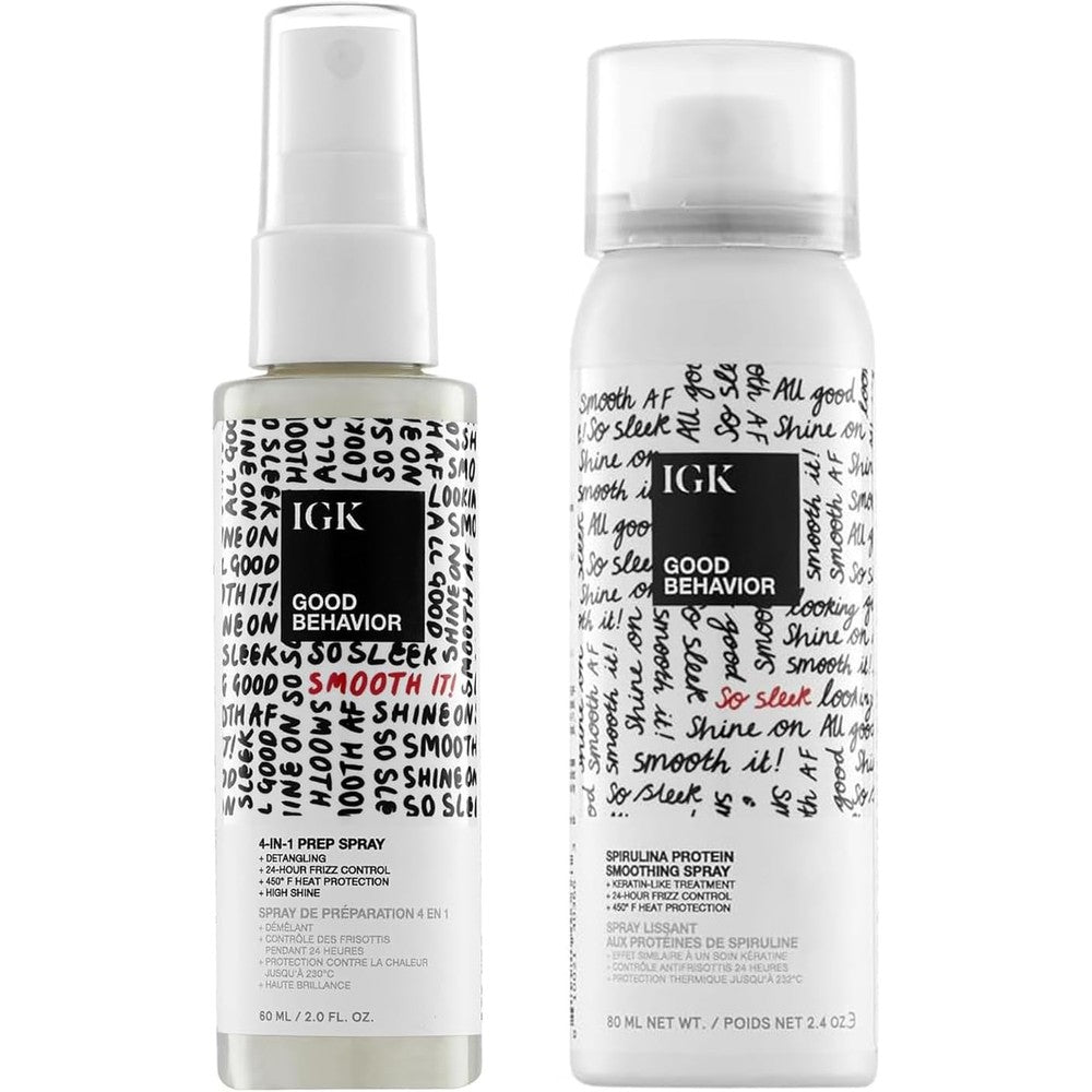 IGK Good Behavior Smoothing Frizz Fighters Travel Set front view showing both anti frizz spray bottles