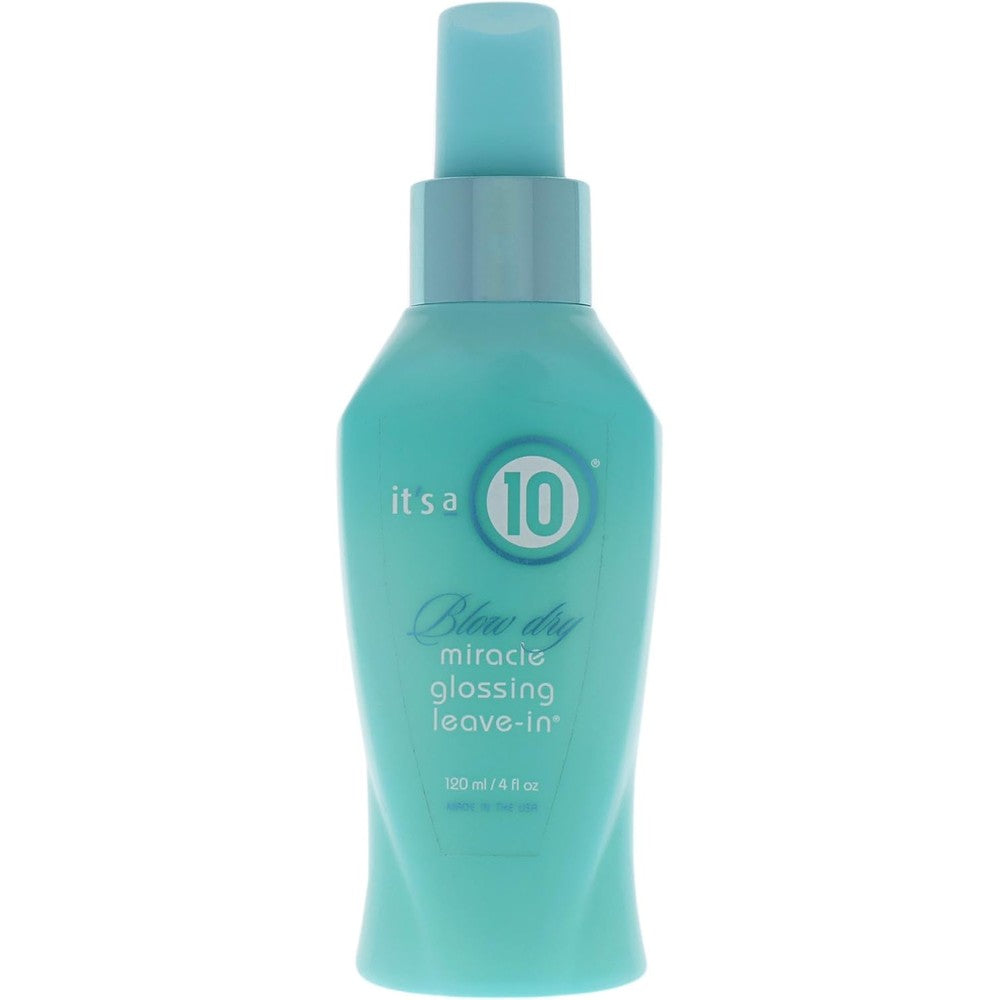 It's a 10 Haircare Miracle Blow Dry Glossing Leave-In Treatment four ounce front bottle view displaying salon formula benefits.