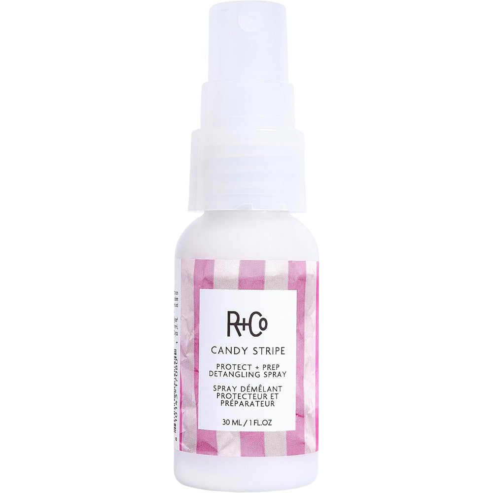 R+Co Candy Stripe Protect And Prep Detangling Spray front view bottle on white background