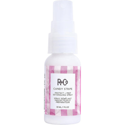 R+Co Candy Stripe Protect And Prep Detangling Spray front view bottle on white background