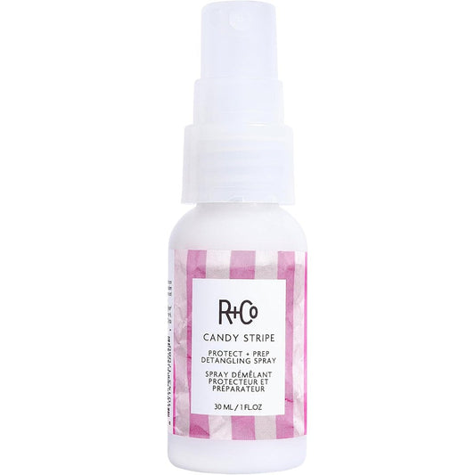 R+Co Candy Stripe Protect And Prep Detangling Spray front view bottle on white background