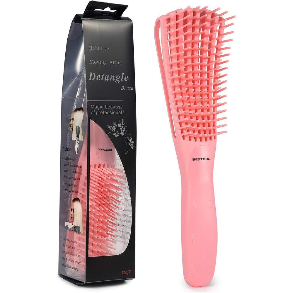 BESTOOL detangling hair brush front view showing the pink flexible eight arm bristle design.