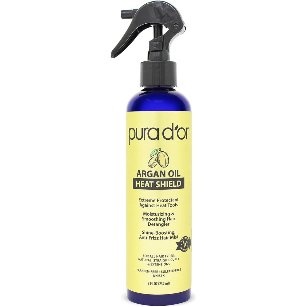 PURA DOR Argan Oil Heat Shield Protectant Spray 8 Ounce front view of the bottle showing thermal protection benefits.