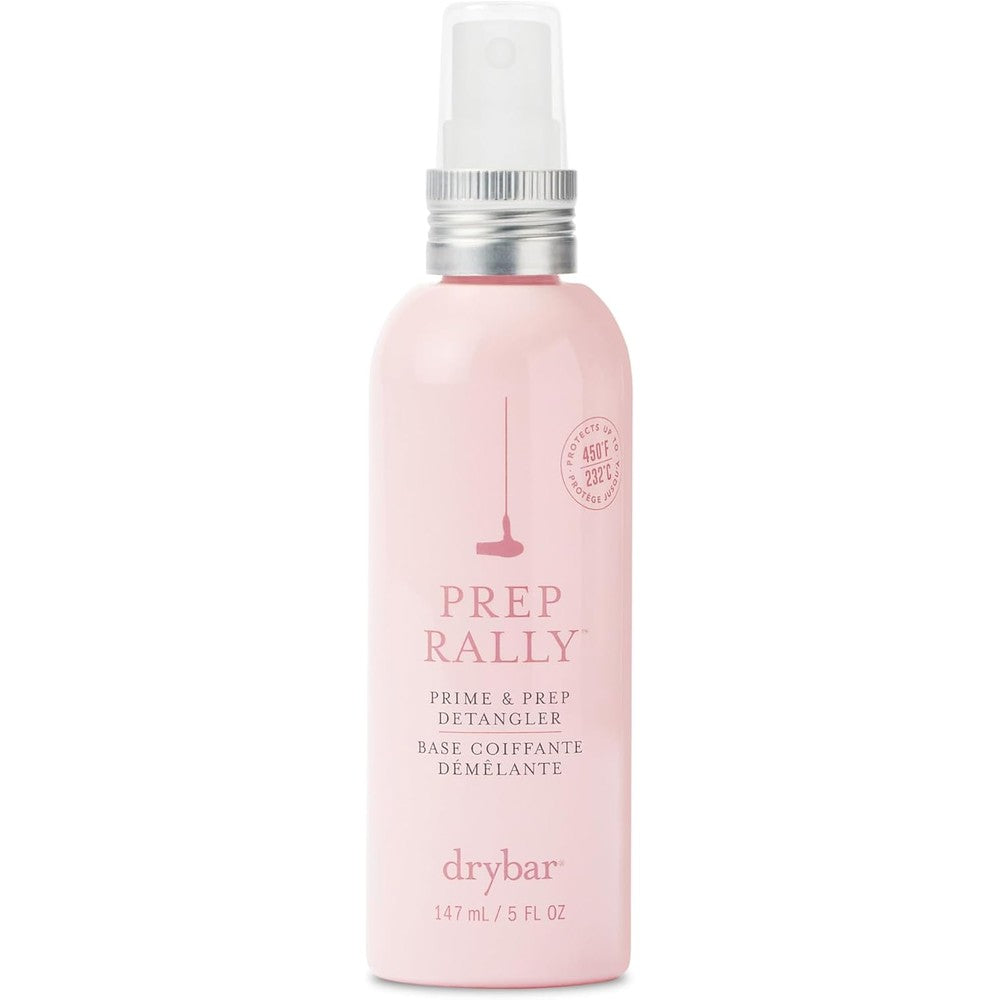Drybar Prep Rally Prime And Prep Detangler front view bottle with signature pastel pink packaging.