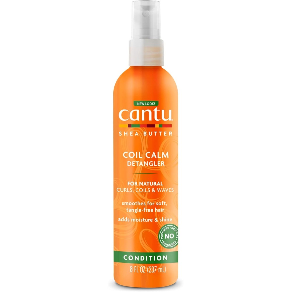 Cantu Shea Butter Coil Calm Detangler front view of the eight fluid ounce spray bottle for natural hair styling.