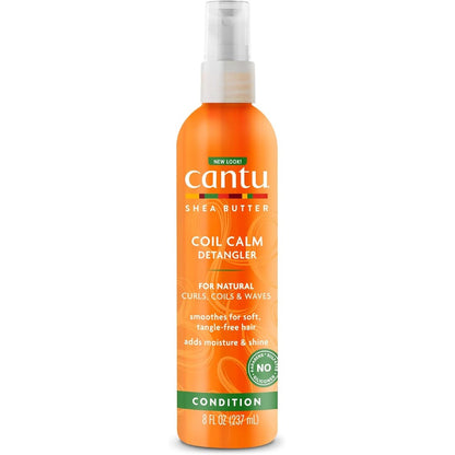 Cantu Shea Butter Coil Calm Detangler front view of the eight fluid ounce spray bottle for natural hair styling.