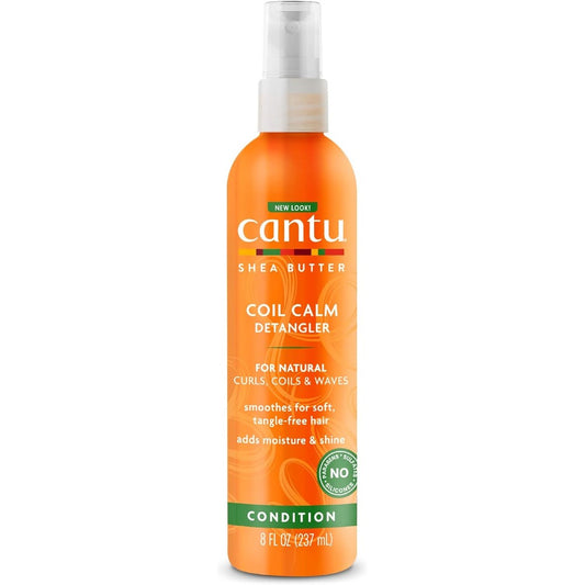 Cantu Shea Butter Coil Calm Detangler front view of the eight fluid ounce spray bottle for natural hair styling.