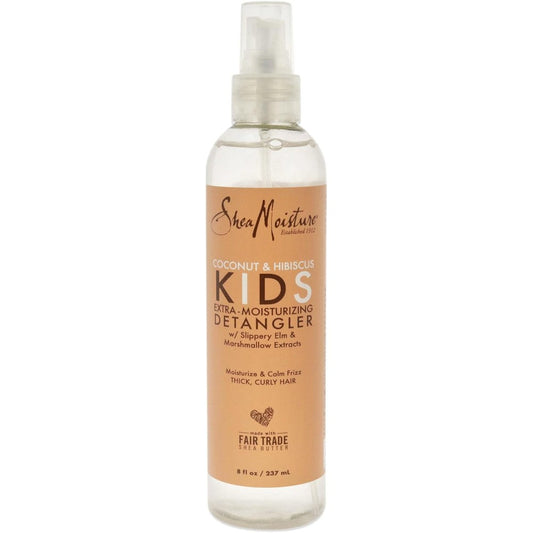 SheaMoisture Kids Extra Moisturizing Detangler front view showing clear product label and spray nozzle for curly hair care