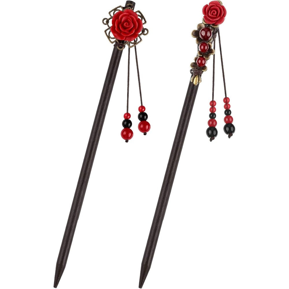 Waydress WILLBOND Chinese wooden hair sticks front view showing retro floral design and beaded tassel detailing.