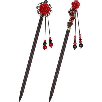 Waydress WILLBOND Chinese wooden hair sticks front view showing retro floral design and beaded tassel detailing.