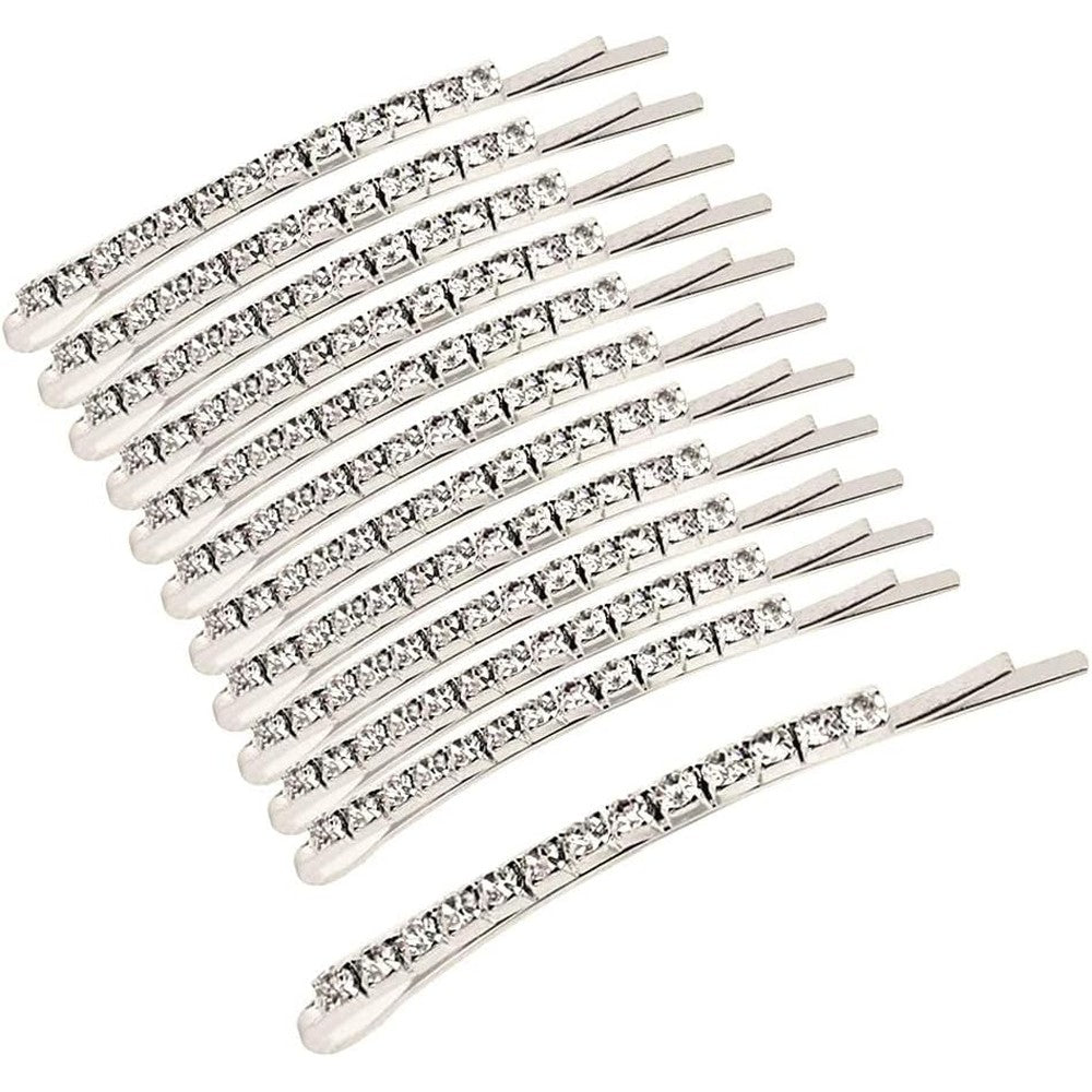 SUMAJU clear rhinestone bobby pins silver metal hair clips front view