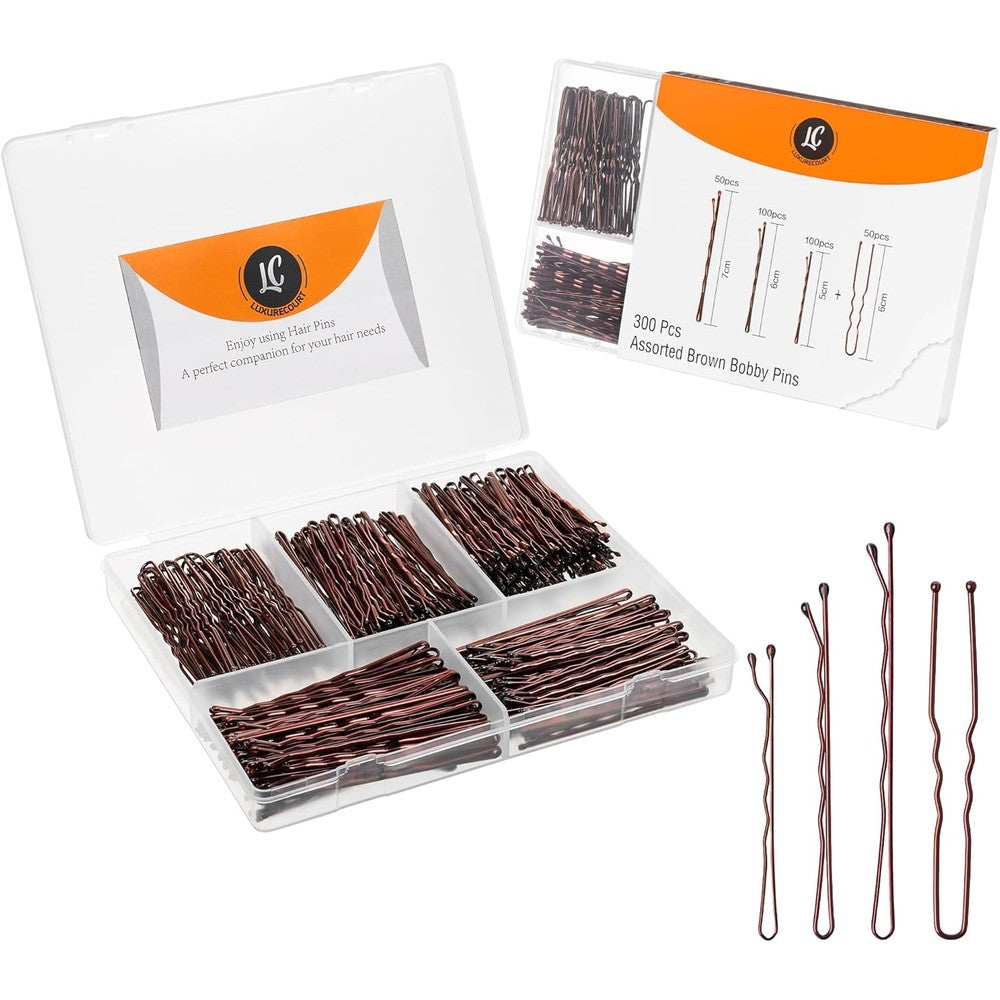 Luxurecourt 300 Pack Brown Bobby Pins Set front view showcasing assorted sizes in a clear storage box