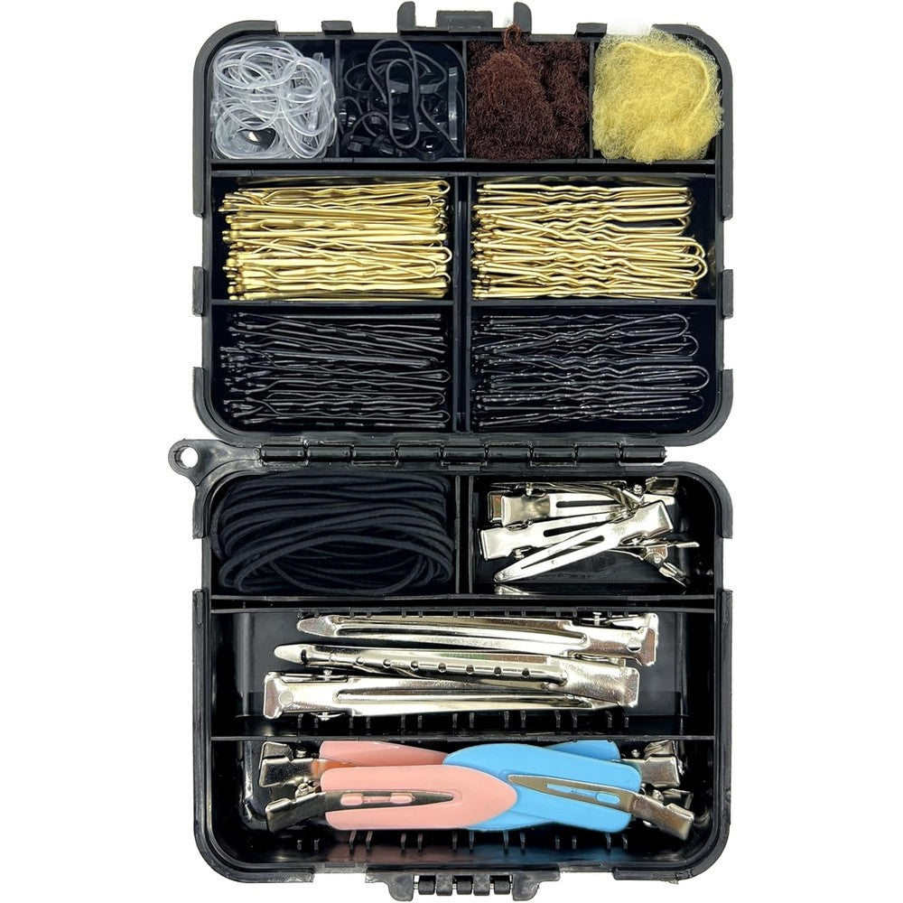 B1jounie YA Hair Accessories Kit front view of open black storage box showing neatly organized bobby pins and clips