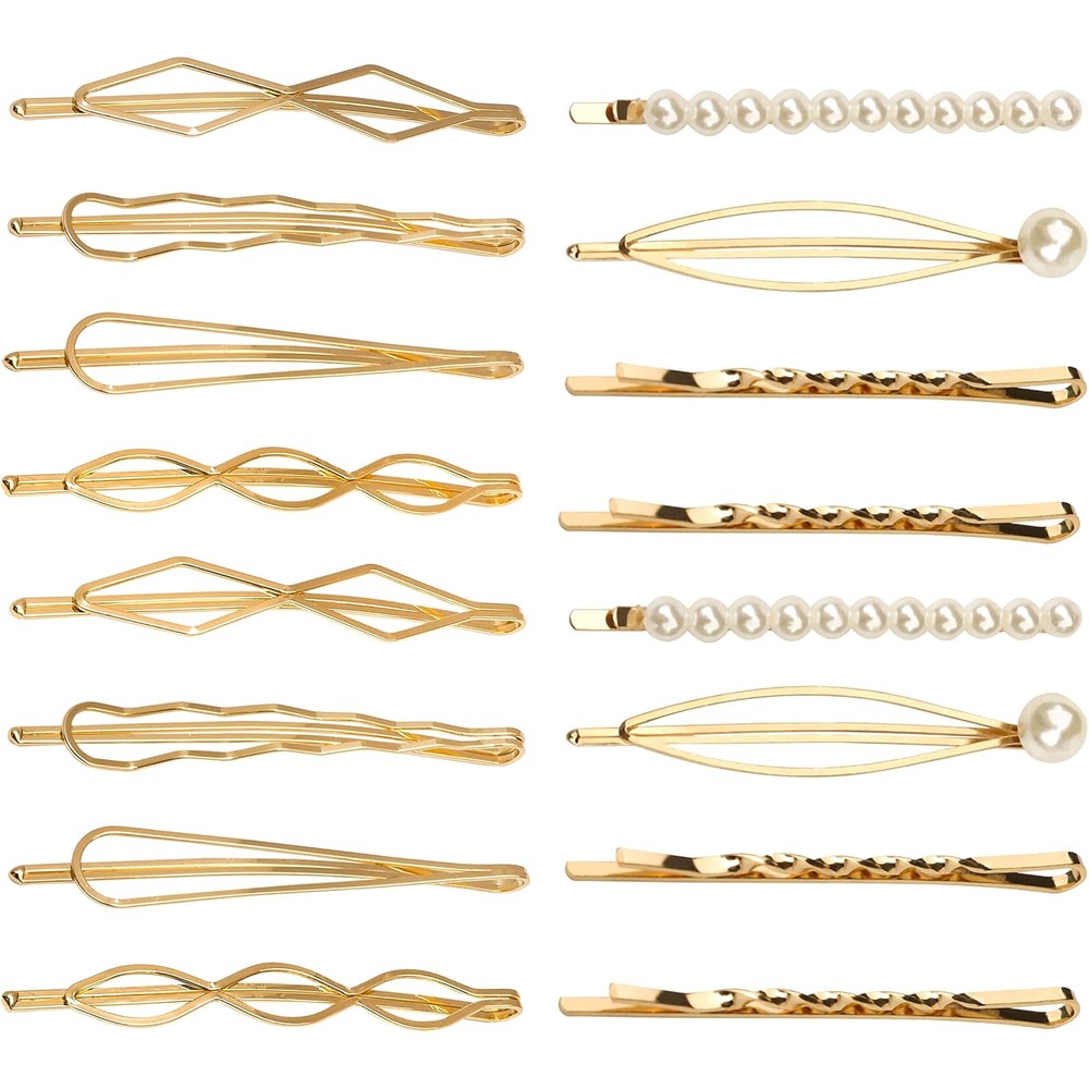 SUMAJU geometric metal hair pins 16 pieces set front view showing assorted gold shapes and pearl designs