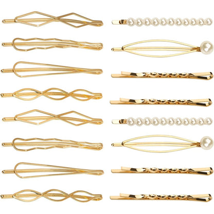 SUMAJU geometric metal hair pins 16 pieces set front view showing assorted gold shapes and pearl designs