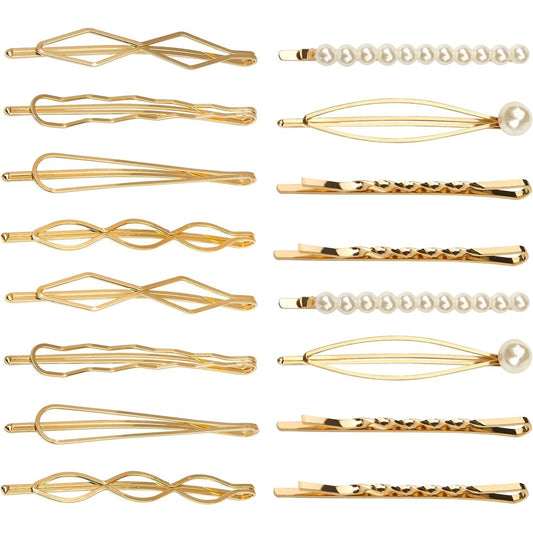 SUMAJU geometric metal hair pins 16 pieces set front view showing assorted gold shapes and pearl designs