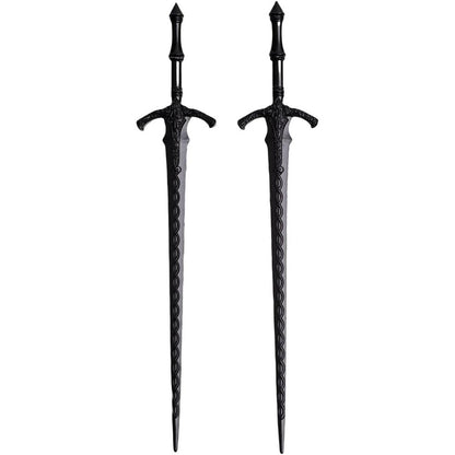 LANGHONG retro viking hair sticks front view of two black metal sword pins for women