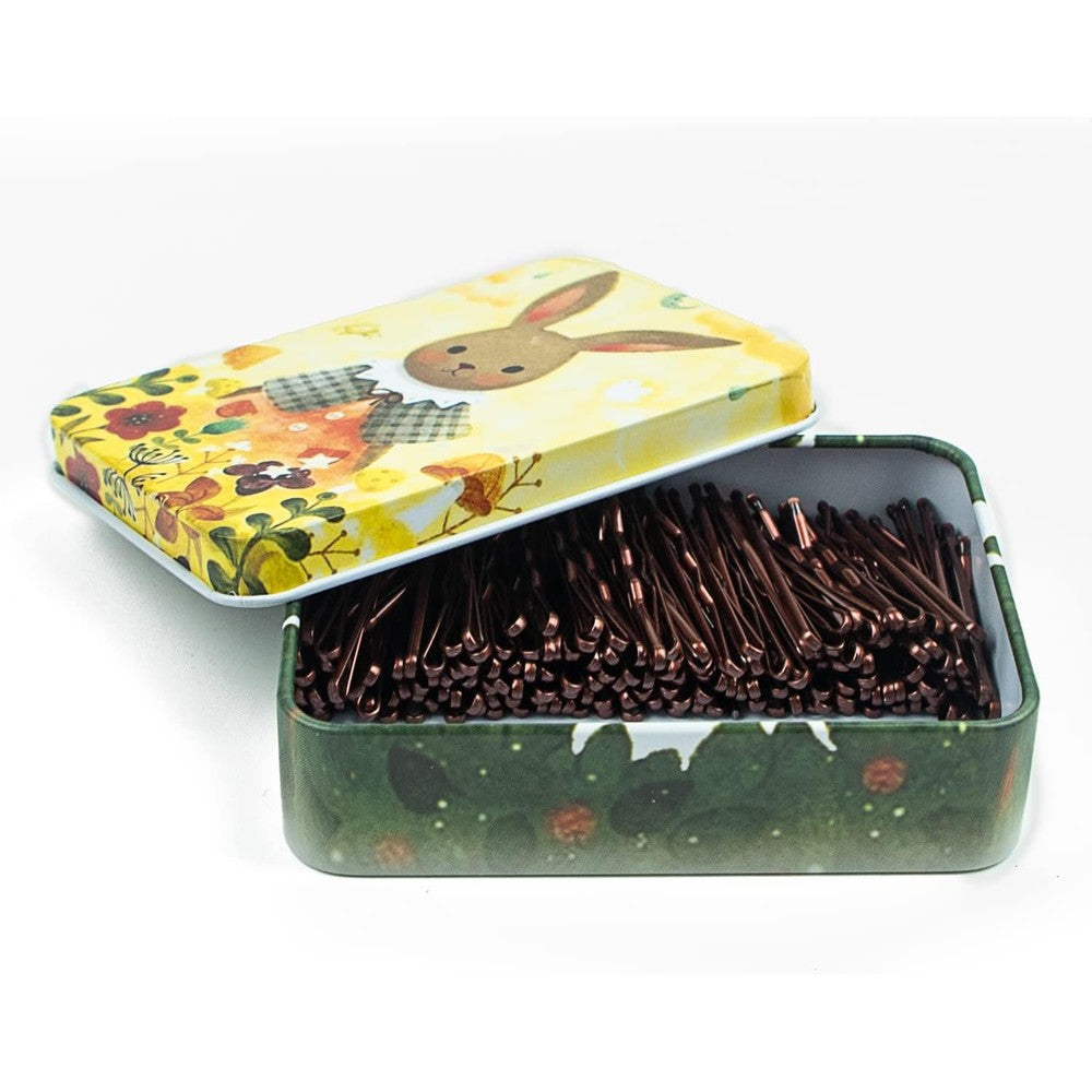 MAORULU mini bobby pins brown pack front view with decorative tin case