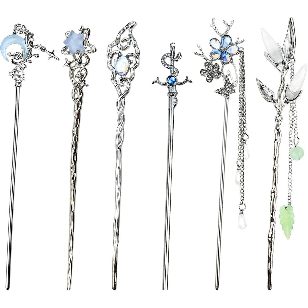 SANNIDHI Star Moon Hair Sticks 6 Count front view showcasing six silver metal celestial hairpins.