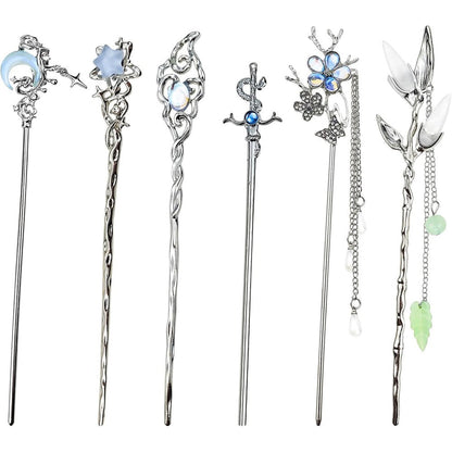 SANNIDHI Star Moon Hair Sticks 6 Count front view showcasing six silver metal celestial hairpins.