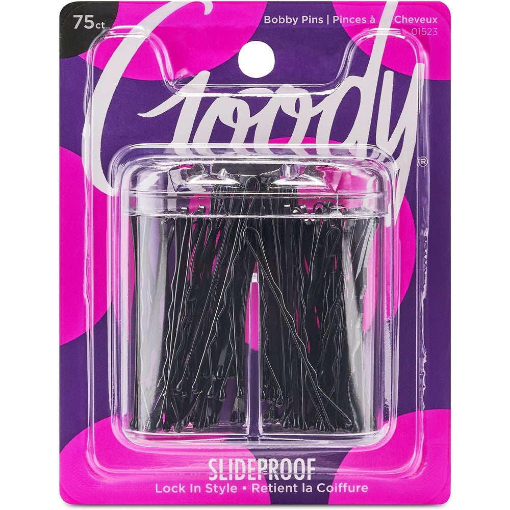 Goody SlideProof Bobby Pin Box front view showing seventy five black hair pins inside the clear container