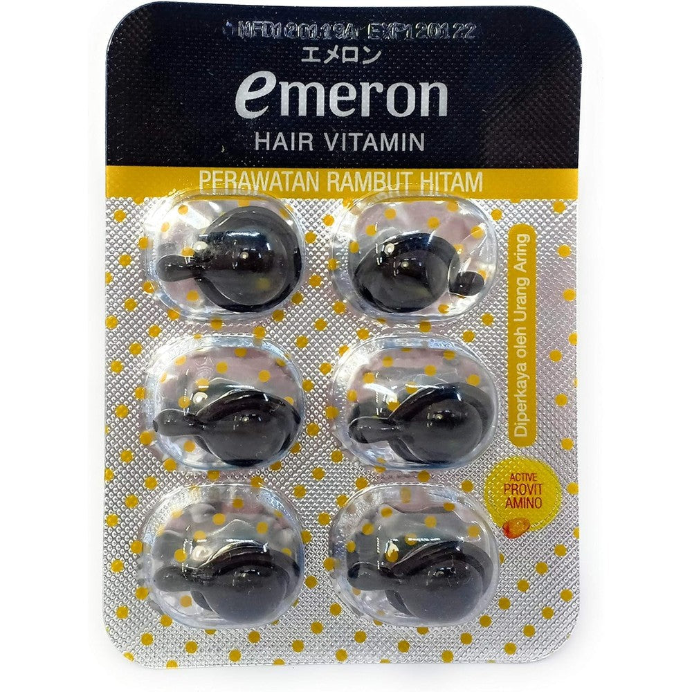 Emeron Hair Vitamin Black and Shine blister pack front view showcasing individual capsules for deep hair nourishment.
