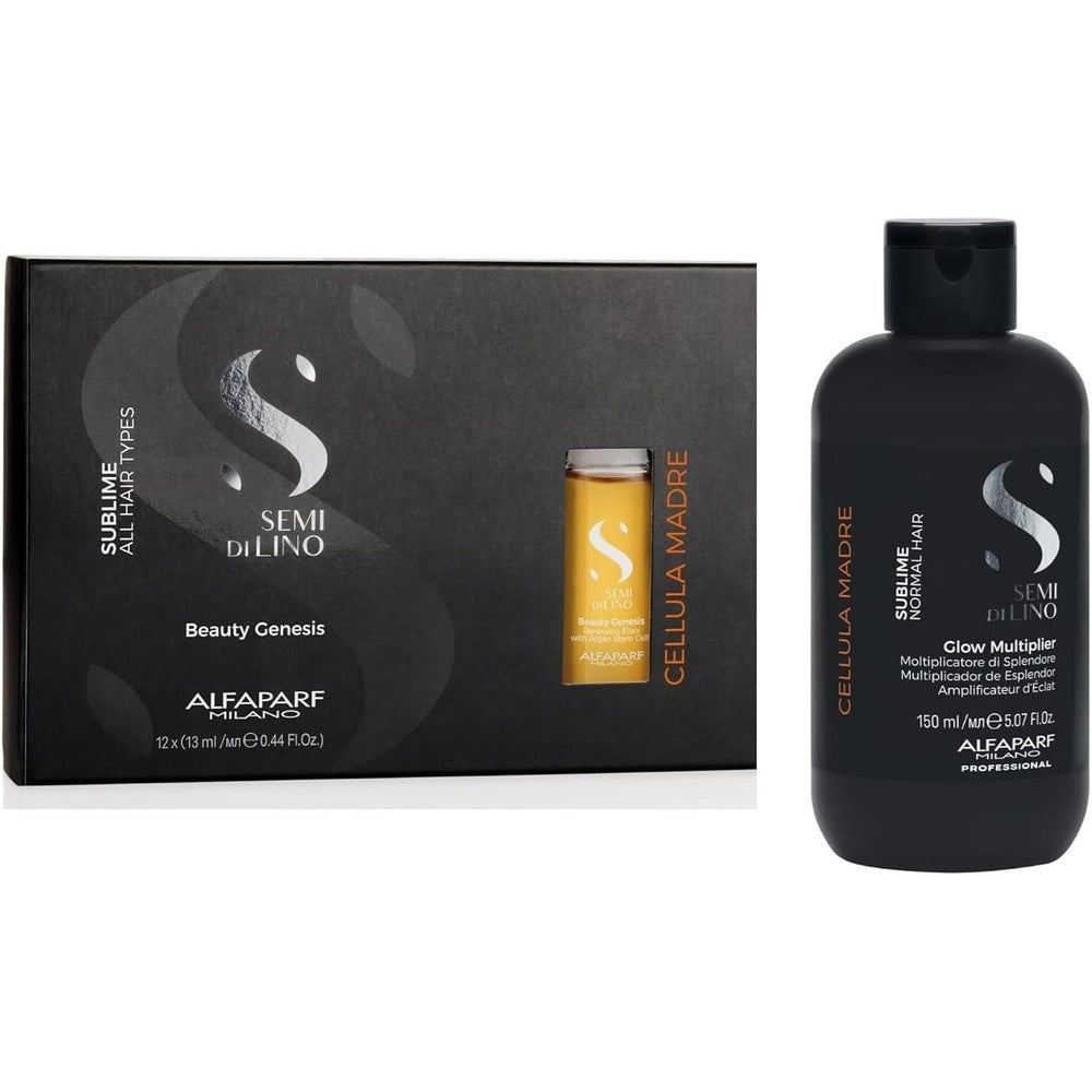 Alfaparf Milano Semi di Lino Cellula Madre Beauty Genesis and Glow Multiplier Set front view premium salon hair treatment