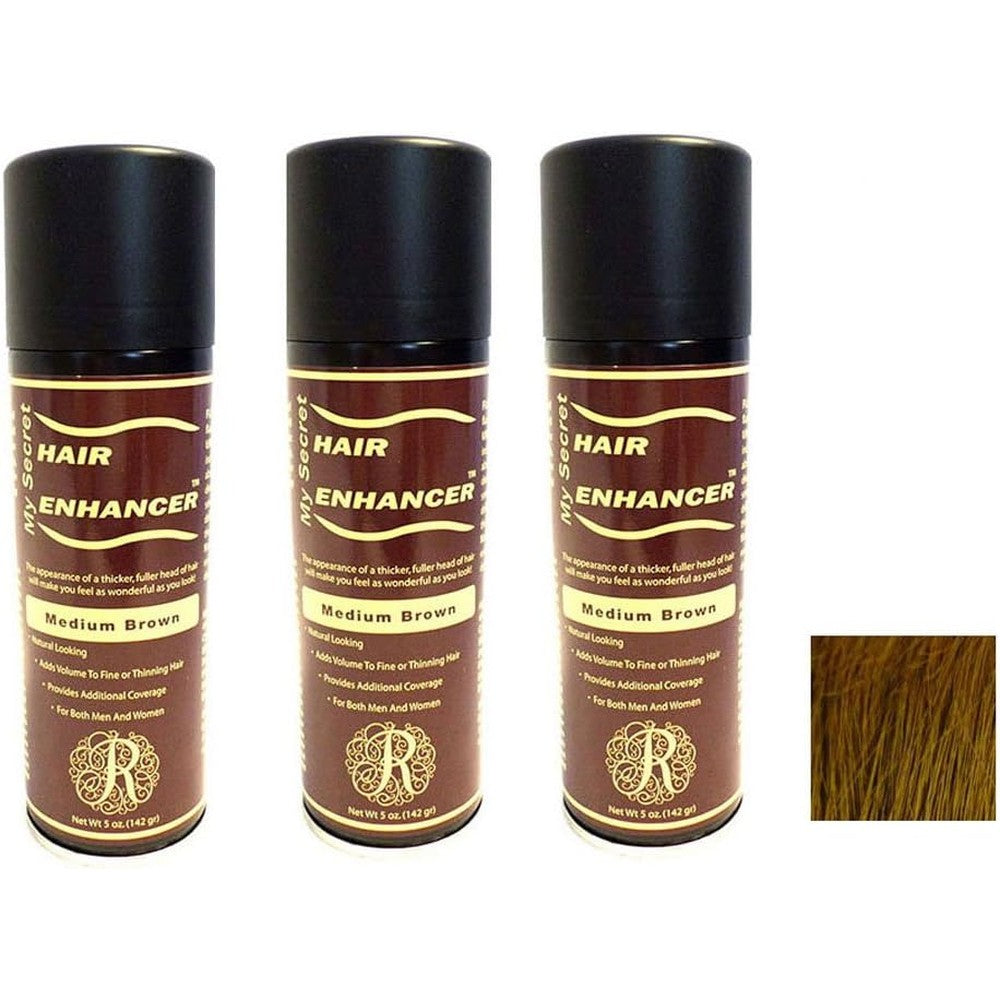 My Secret Correctives Hair Enhancer Medium Brown front view showing the three pack packaging for thinning hair treatment.