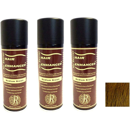 My Secret Correctives Hair Enhancer Medium Brown front view showing the three pack packaging for thinning hair treatment.