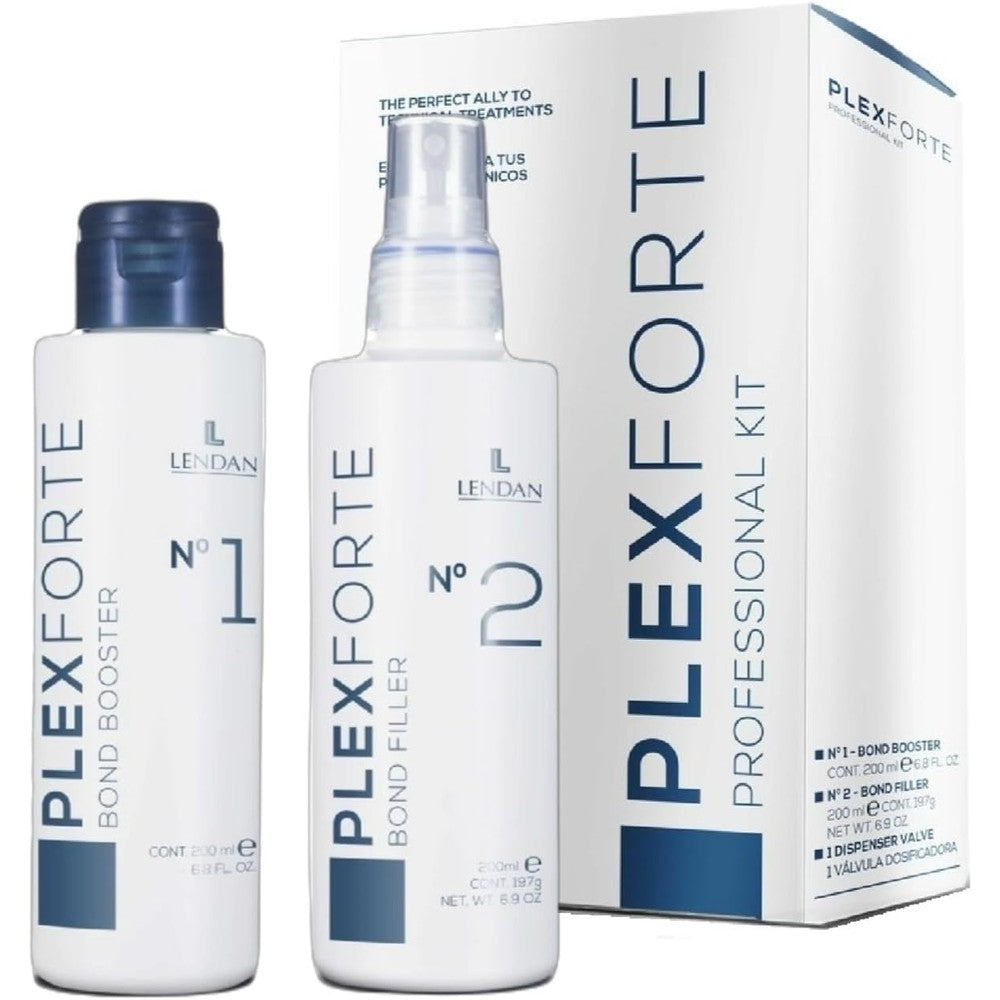 Lendan Plex Forte Professional Kit front view including Number 1 Bond Booster and Number 2 Bond Filler bottles with dispenser valve