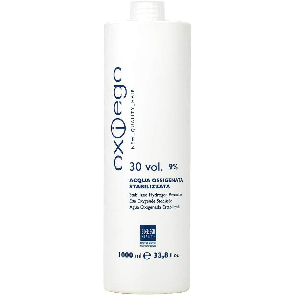 Ever Ego OxiEgo Stabilized Hydrogen Peroxide thirty volume professional hair developer bottle front view.