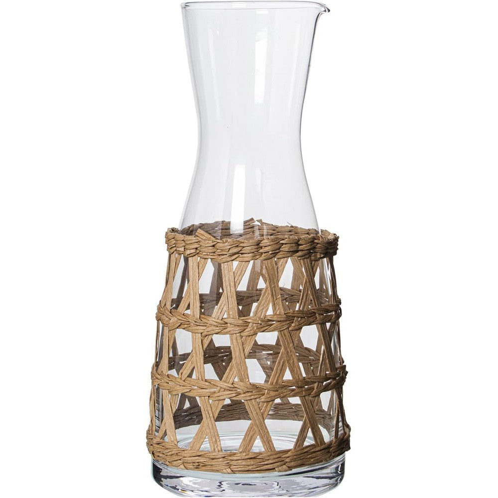 AlexandreHouse Crystal Transparent Decanter front view showing clear glass body and natural woven rattan base cover.