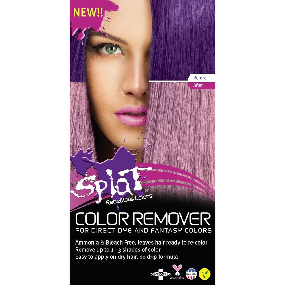 Splat Color Remover for Direct Dye and Fantasy Colors front packaging view for hair dye stripping